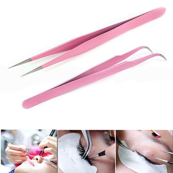 SET DE PINZAS CURVA Y RECTA PARA EXT. PESTAÑAS COLOR ROSA