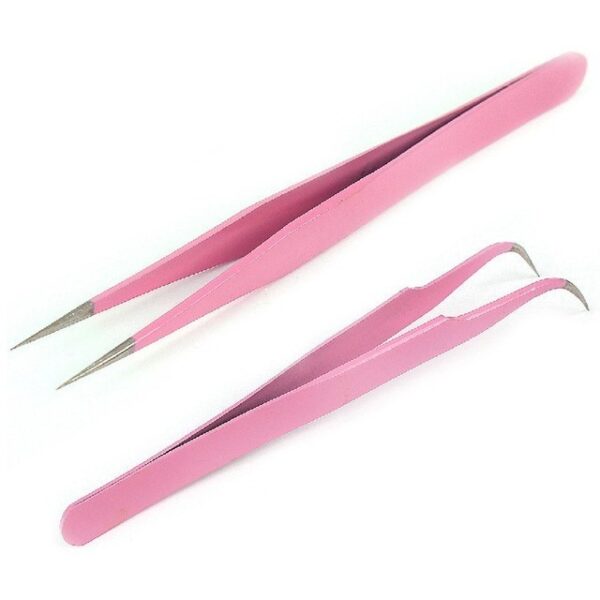 SET DE PINZAS CURVA Y RECTA PARA EXT. PESTAÑAS COLOR ROSA
