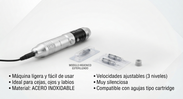 MAQUINA MICROPIGMENTACION SILVER O NEGRA MODULO HIGIENICO + 2 AGUJAS REGALO
